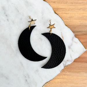 Crescent Moon Drops - Black - Leather Earrings