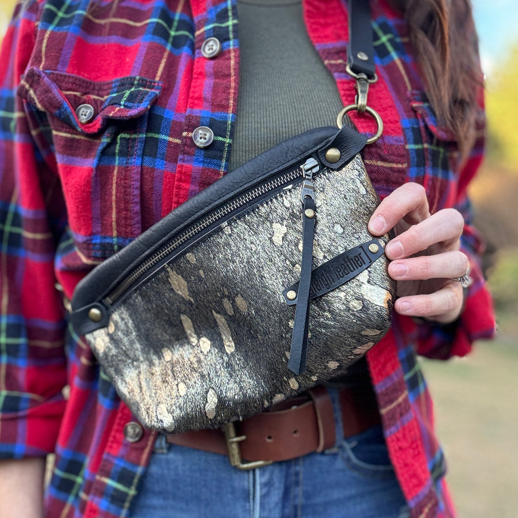 [raleigh leather] belt bag - black with gold acid wash - crossbody bag