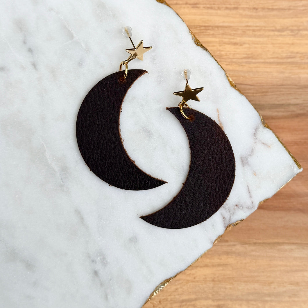 Crescent Moon Drops - Brown - Leather Earrings