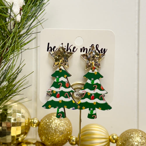 Christmas Tree Earrings - Green Decorated