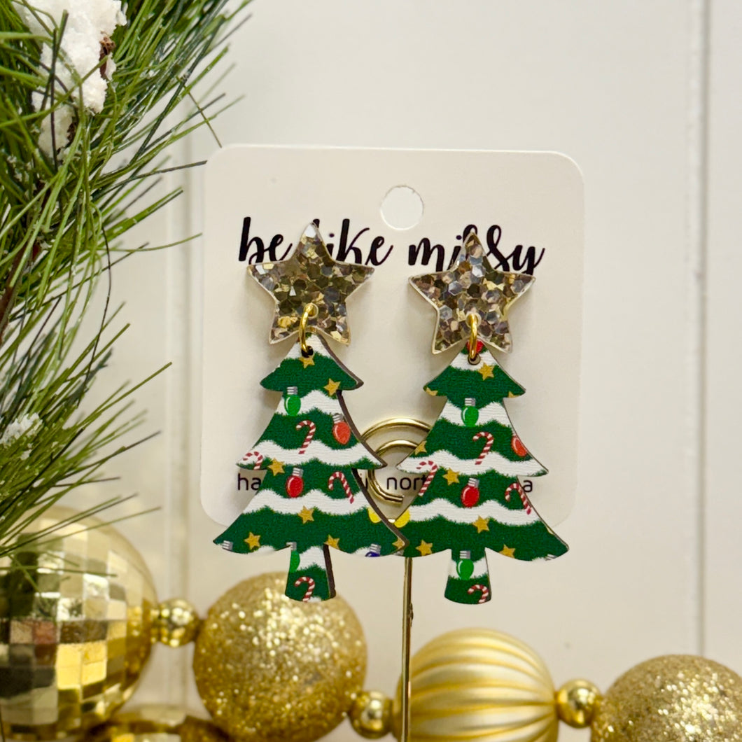 Christmas Tree Earrings - Green Decorated