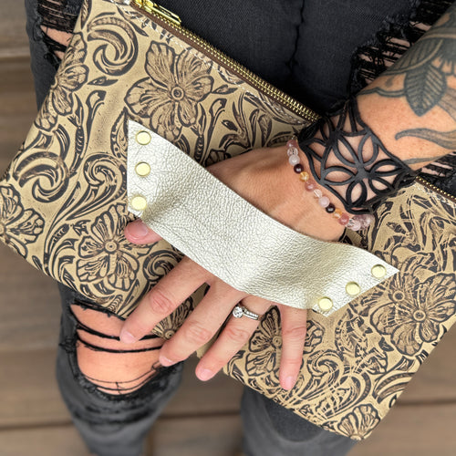 [raleigh leather] Clutch - Brown Floral Embossed with Champagne