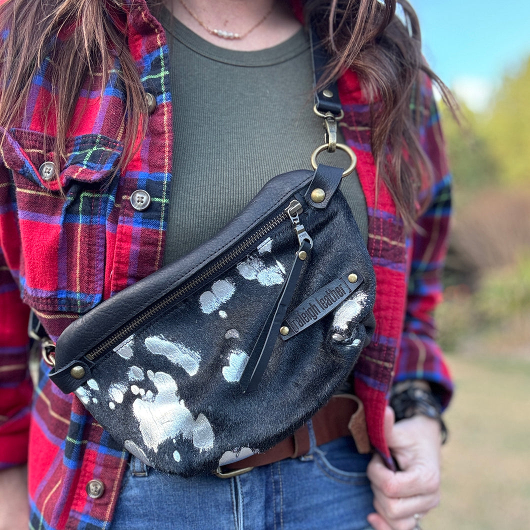 [raleigh leather] belt bag - black with silver acid wash - crossbody bag