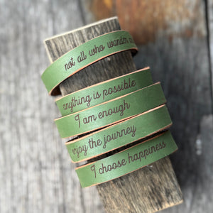 Distressed Leather Mantra Cuffs