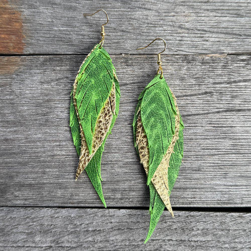 Wings of an Angel - Small - Green + Gold - Leather Earrings