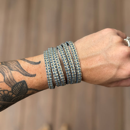 Split Leather Cuff - Blue + Gold Embossed
