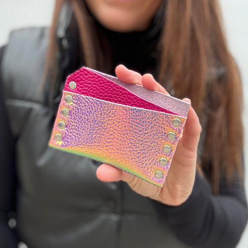 Card Wallet - Iridescent Pebble Grain with Pink