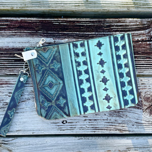 Large Zippered Wristlet - Turquoise Embossed + White