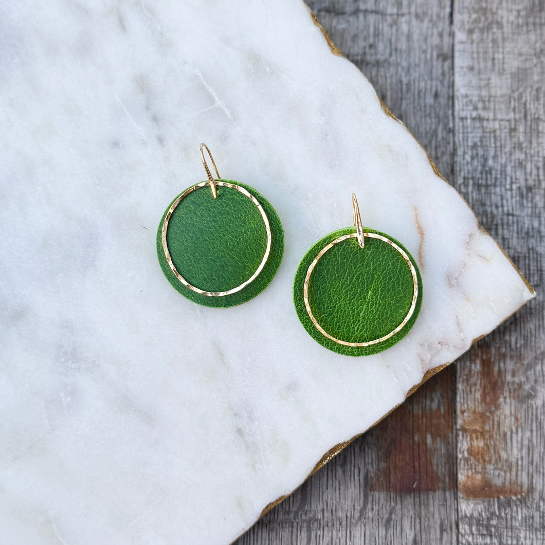 Hammered Drops - Bright Grassy Green - Leather Earrings