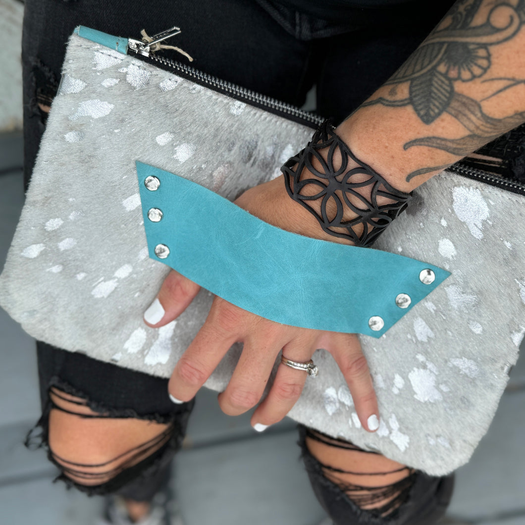 [raleigh leather] Clutch - Silver Acid Wash + Aqua