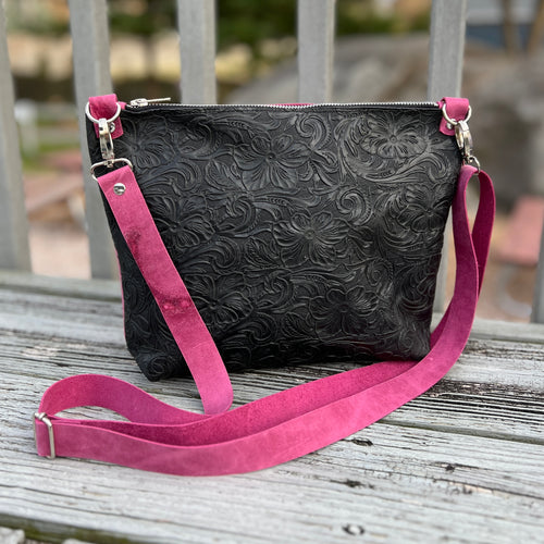 Just Go Zippered Crossbody Bag - Black Floral + Pink