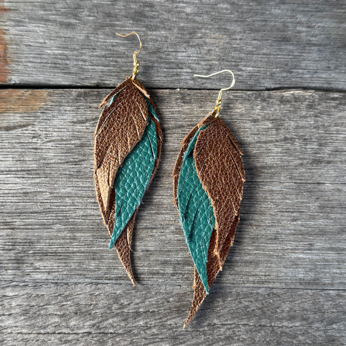 Wings of an Angel - GAMEDAY - Bronze + Teal - Leather Earrings