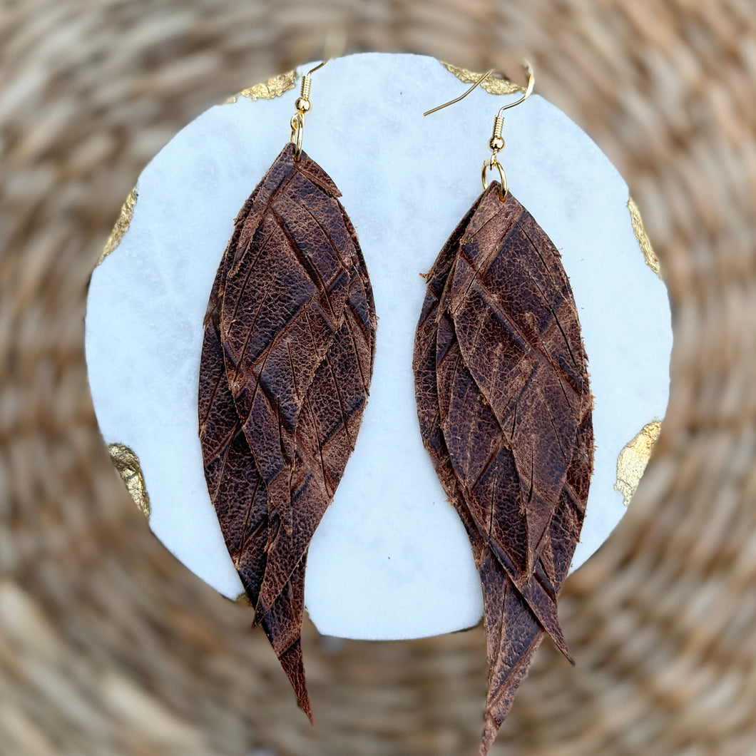 Wings of an Angel - Distressed Brown Basketweave - Leather Earrings