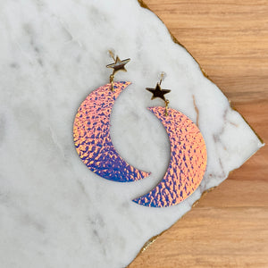 Crescent Moon Drops - Iridescent - Leather Earrings