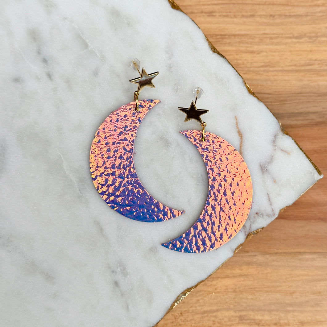 Crescent Moon Drops - Iridescent - Leather Earrings