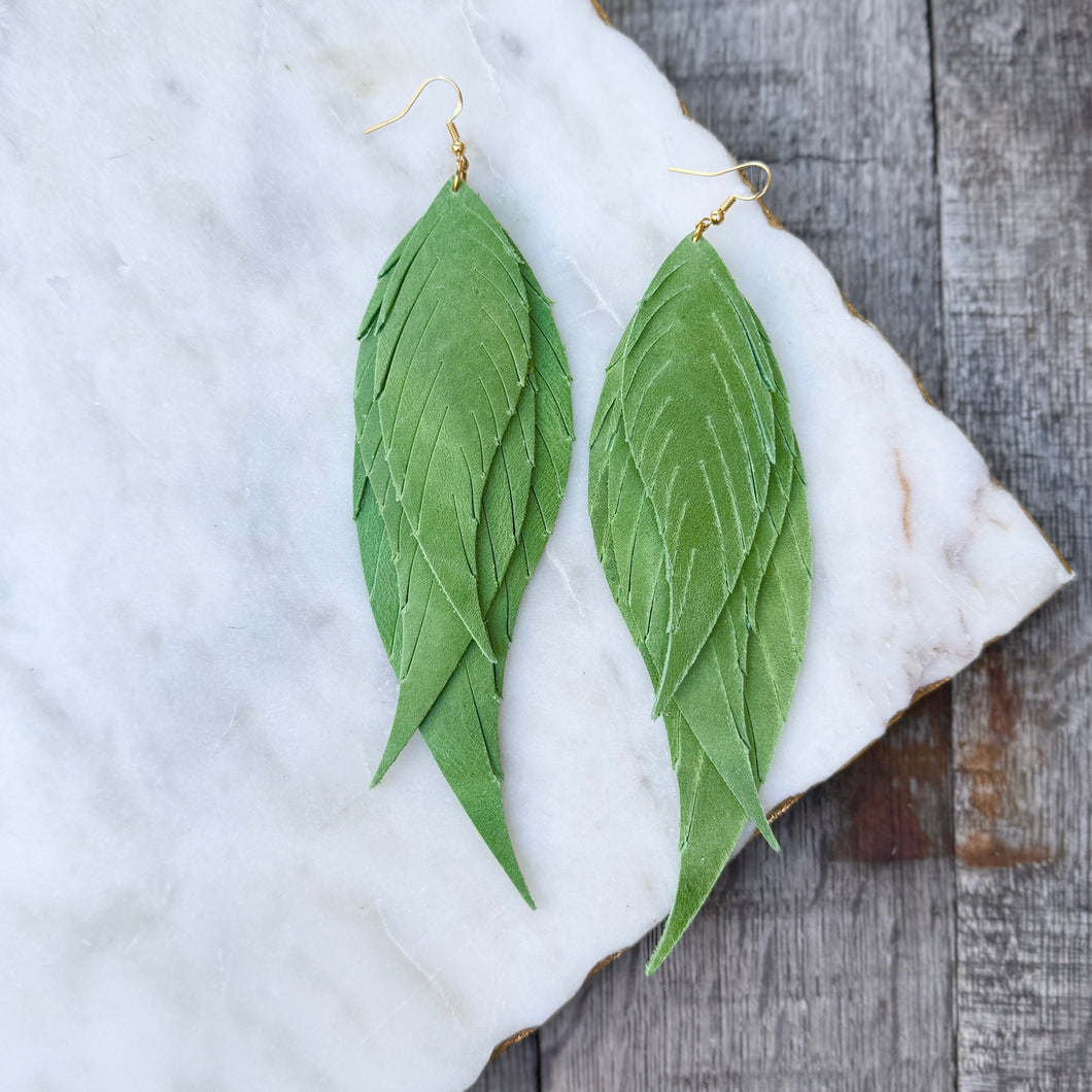 Wings of an Angel - Muted Grassy Green - Large Leather Earrings