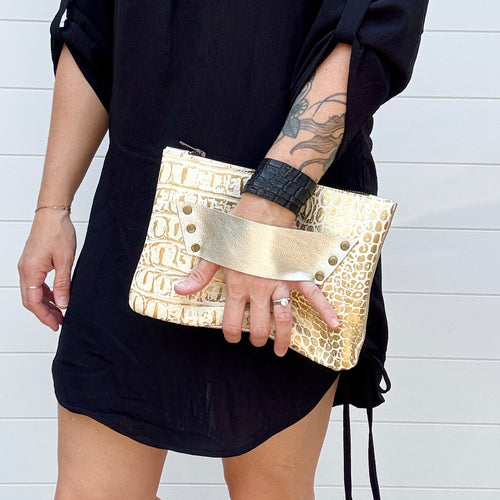 [raleigh leather] mini Clutch - Gold Croc Embossed