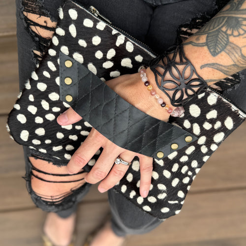 [raleigh leather] Mini Clutch - Black and White Printed Hair on Cowhide