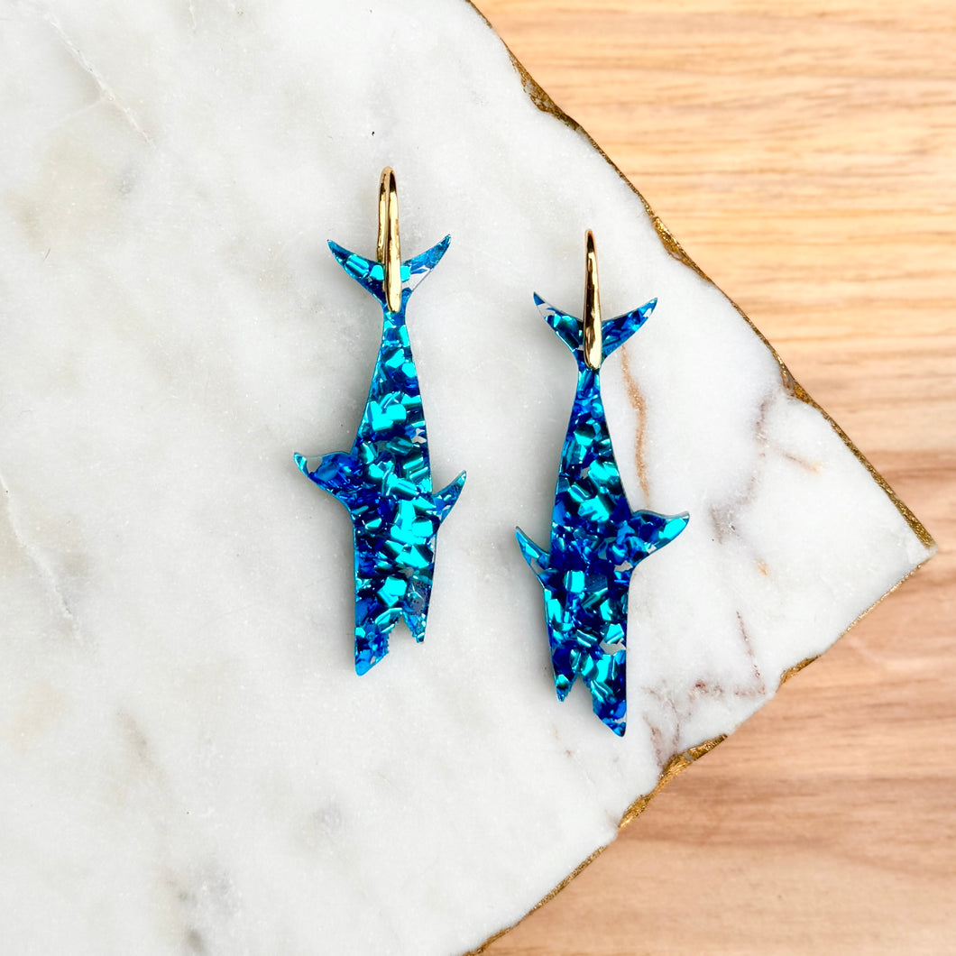 Shark Earrings - Blue Glitter