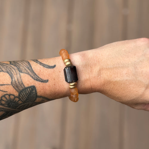 Beaded Bracelet - Peach Glass with Batik Bone Accent Bead