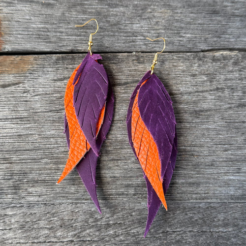 Wings of an Angel - GAMEDAY - Purple + Orange - Leather Earrings