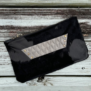 [raleigh leather] Clutch - Black Acid Wash Cowhide with Gray Diamond Stitch