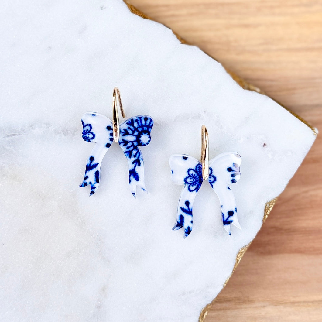 Audrey - Blue + White - Bow Earrings