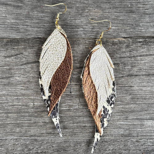 Wings of an Angel - Small - Champagne + Bronze + Snake - Leather Earrings