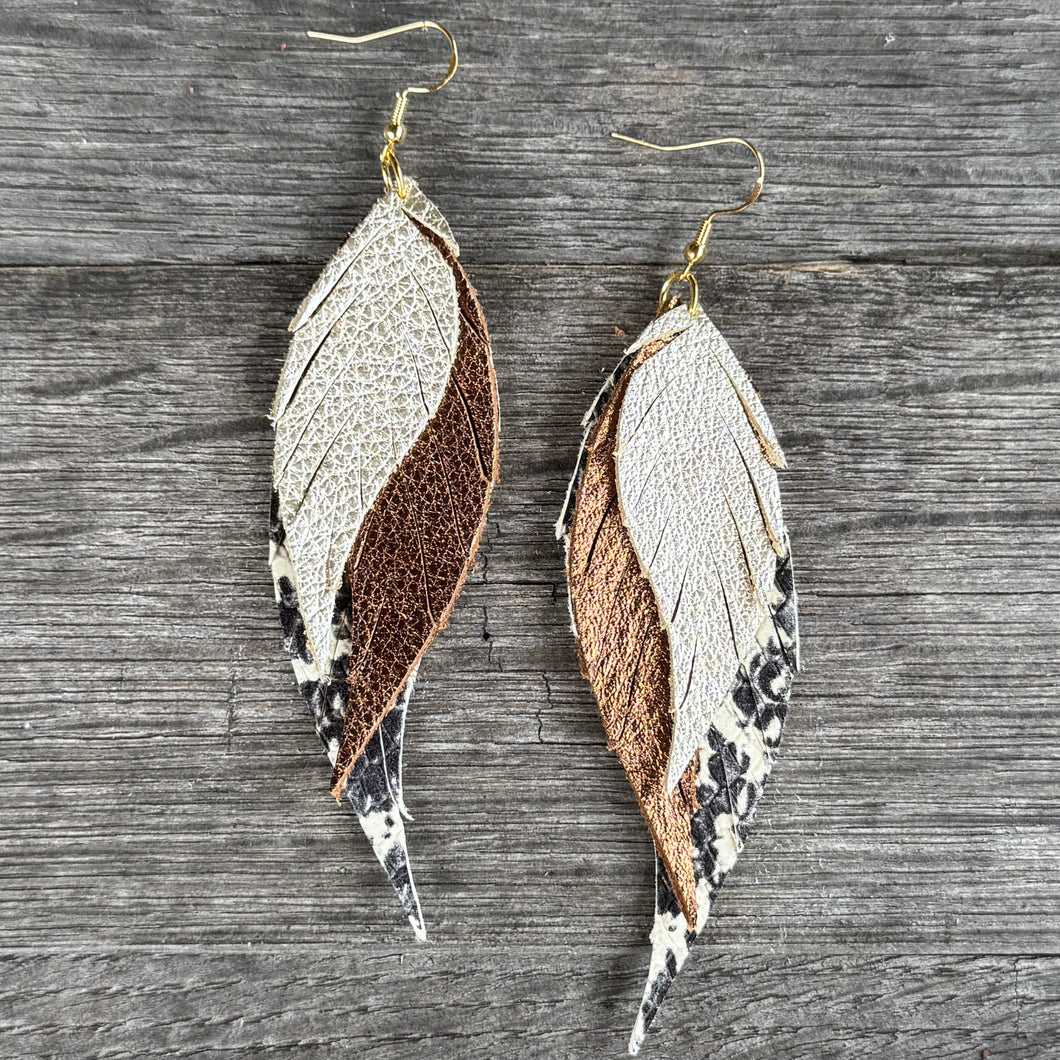 Wings of an Angel - Small - Champagne + Bronze + Snake - Leather Earrings