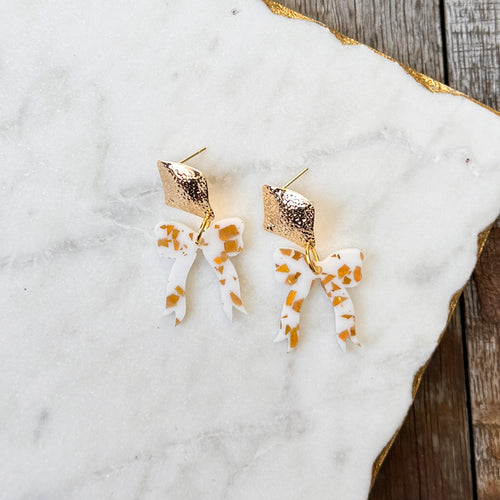 Audrey Bow Earrings - Gold Flake on White