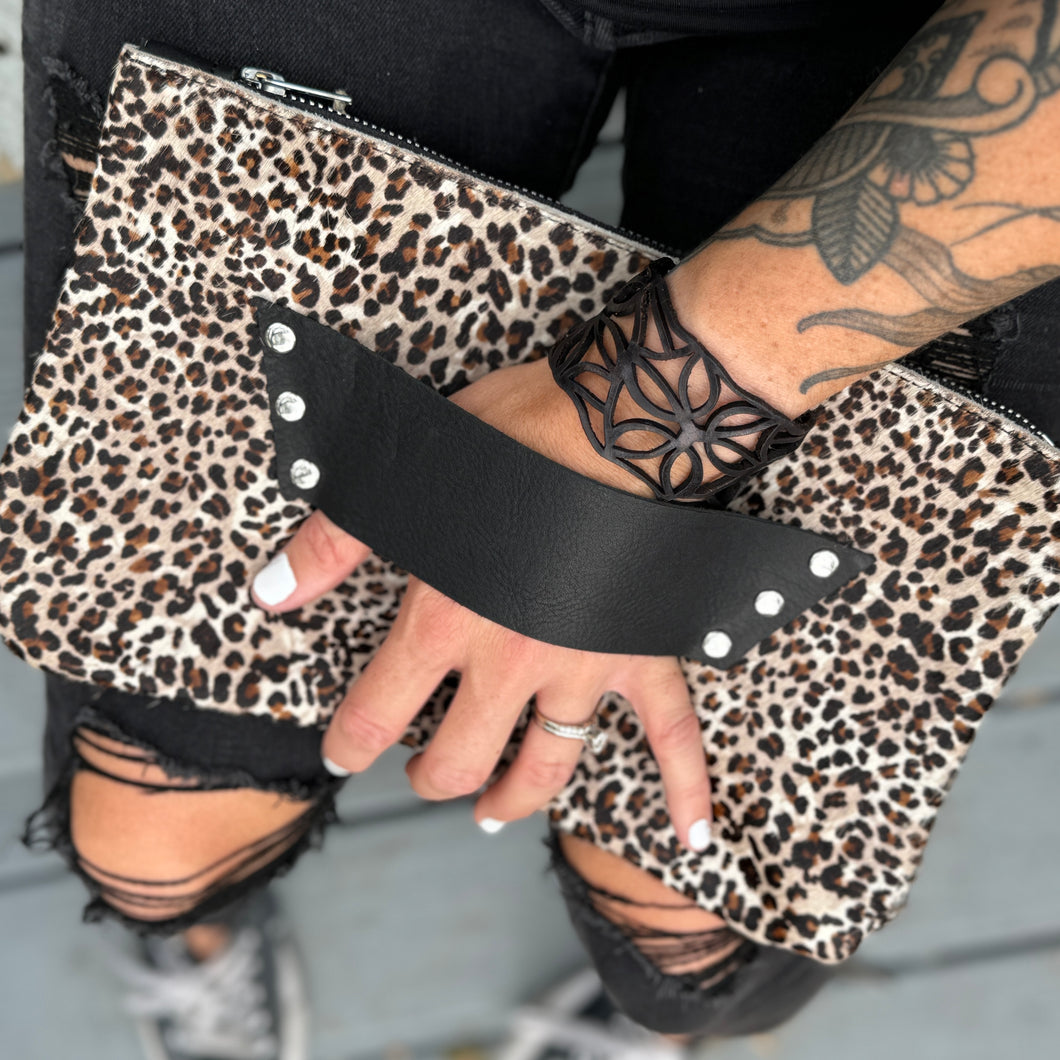 [raleigh leather] Clutch - Mini Leopard with Black + Silver