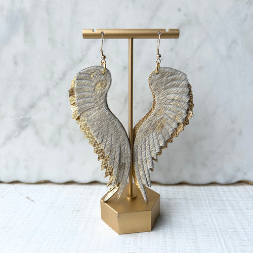 Angelica Angel Wings Gold Leather Statement Earrings