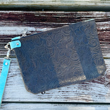 Large Zippered Wristlet - Black Floral Embossed + Aqua