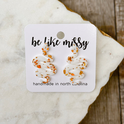 Stud Earrings - Britney Mini Snake - White with Gold Flake