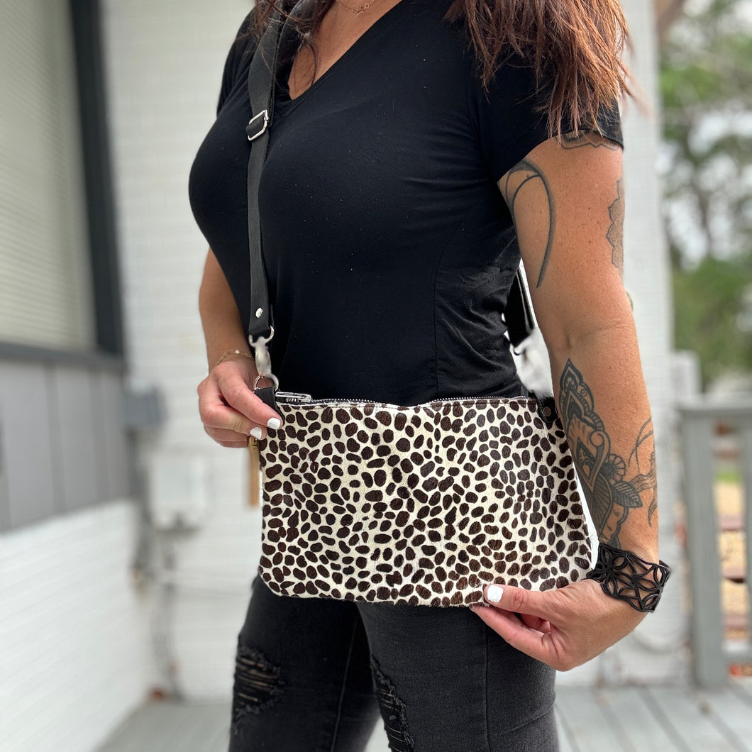 Clutch Sized Crossbody Bag - Black + White Cheetah