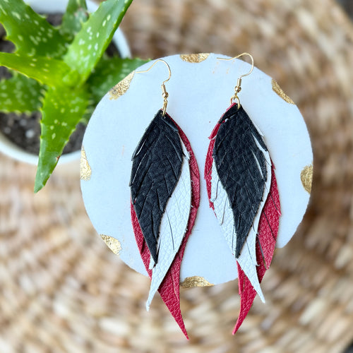Wings of an Angel - Black + White + Red- Leather Earrings