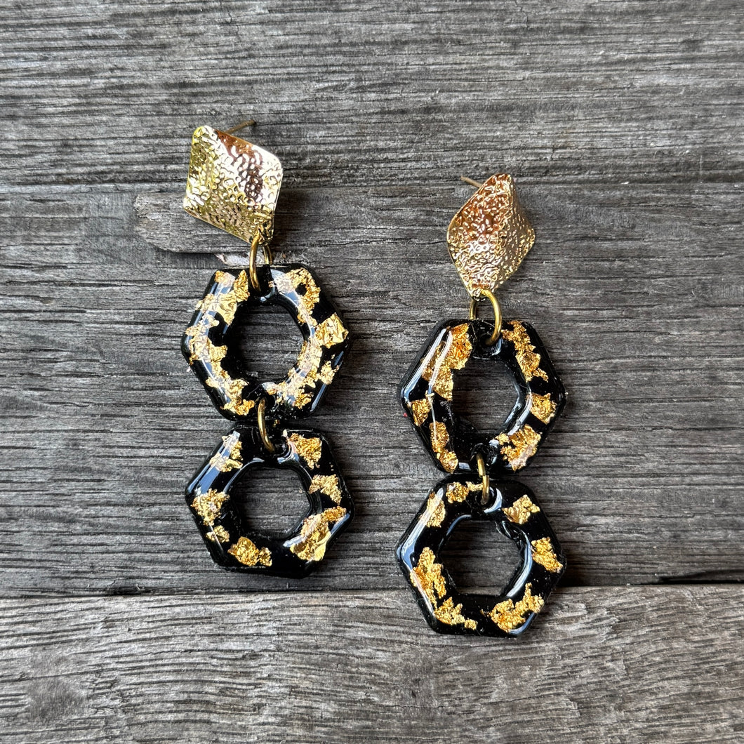 Vivian - Black Acrylic + Gold Leaf Earrings
