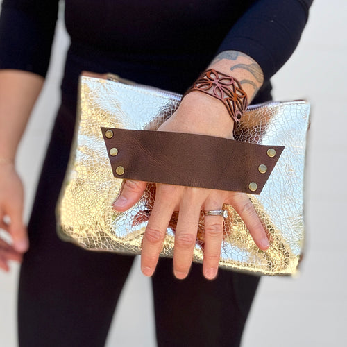[raleigh leather] mini Clutch - Silvery Champagne Crackle + Caramel