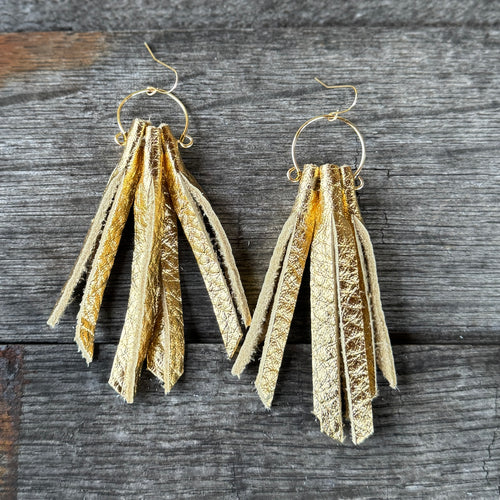 Leather Fringe Hoops - Gold
