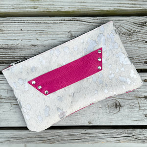 [raleigh leather] Clutch - Silver Acid Wash + Pink