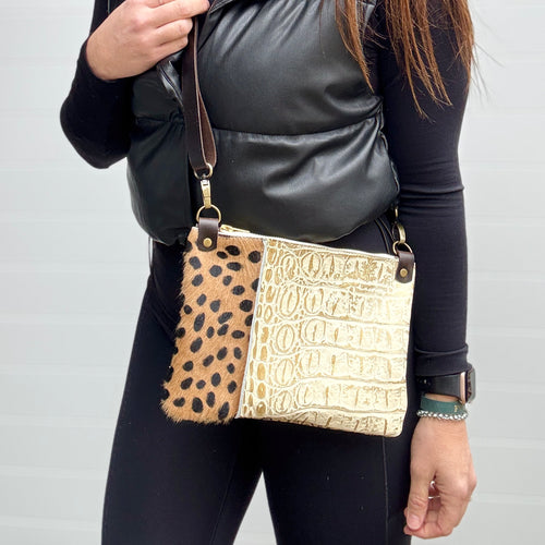 Go Small Miscellany Zippered Crossbody - Cheetah + Gold Croc