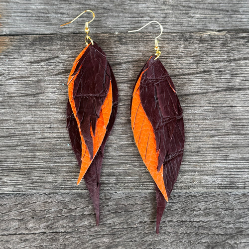 Wings of an Angel - GAMEDAY - Maroon + Orange - Leather Earrings