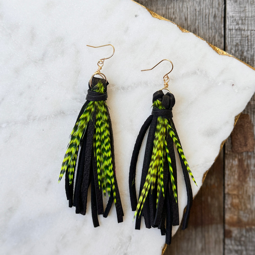 Boho Fringe - Short Black Tassels with Neon Green Feathers