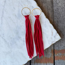 Boho Fringe - Long Red Tassels on Hammered Hoops