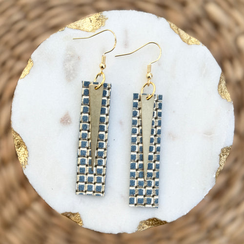 Spike Bars - Blue + Gold Embossed - Leather Earrings