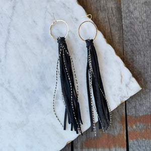 Boho Fringe - Long Black Tassels with Feathers on Hammered Hoops