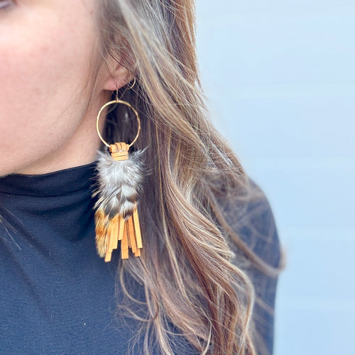 Boho Fringe - Short Camel Tassels with feathers on Hammered Hoops