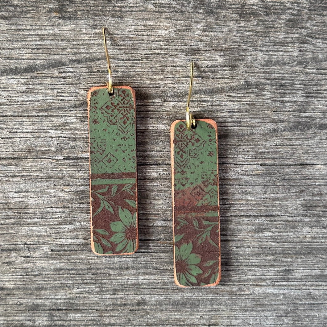 Bar Dangles - Hand Painted Moss Green Leather Earrings