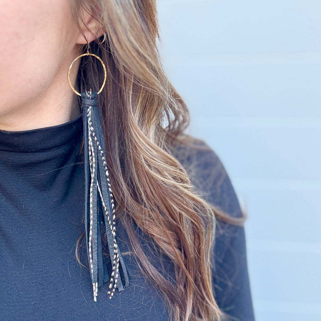 Boho Fringe - Long Black Tassels with Feathers on Hammered Hoops