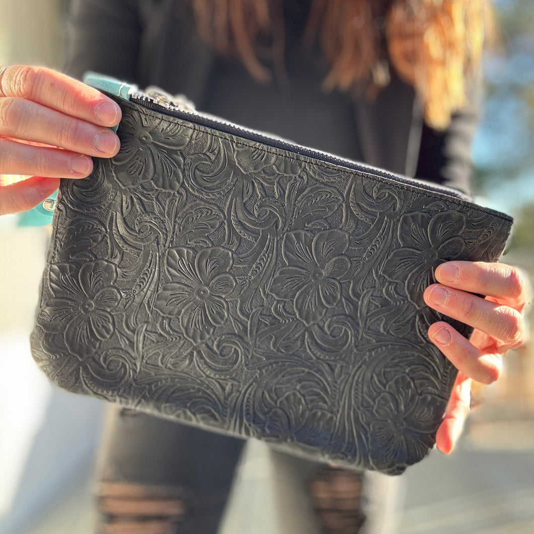 Large Zippered Wristlet - Black Floral Embossed + Aqua